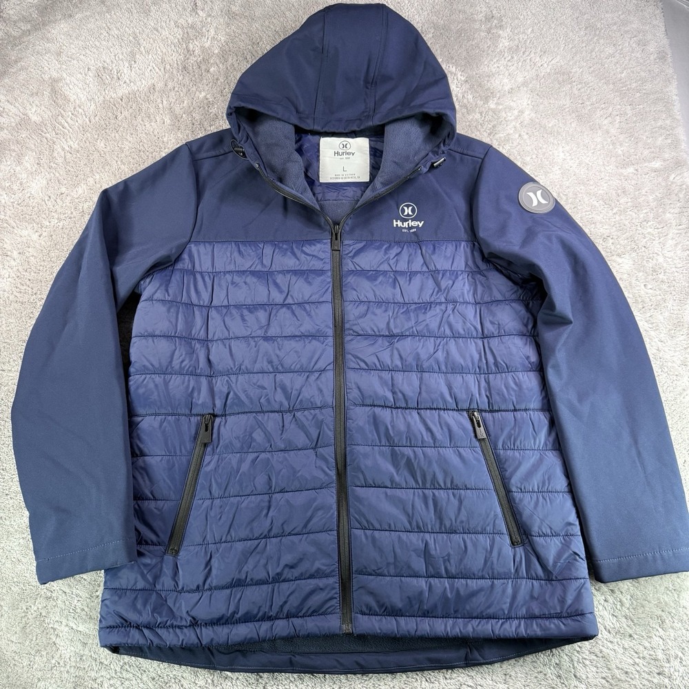 Hurley Mens L Navy Blue Hybrid Puffer Jacket Hooded Fleece Lined Stretch Coat